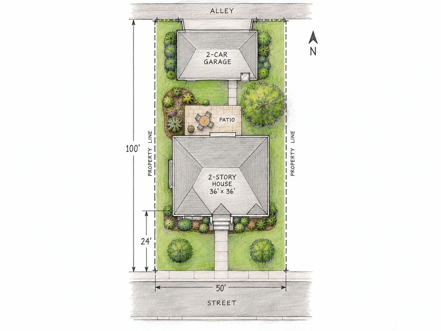 Site plan of a 50 by 100 ft city lot with a detached garage on the rear alley
