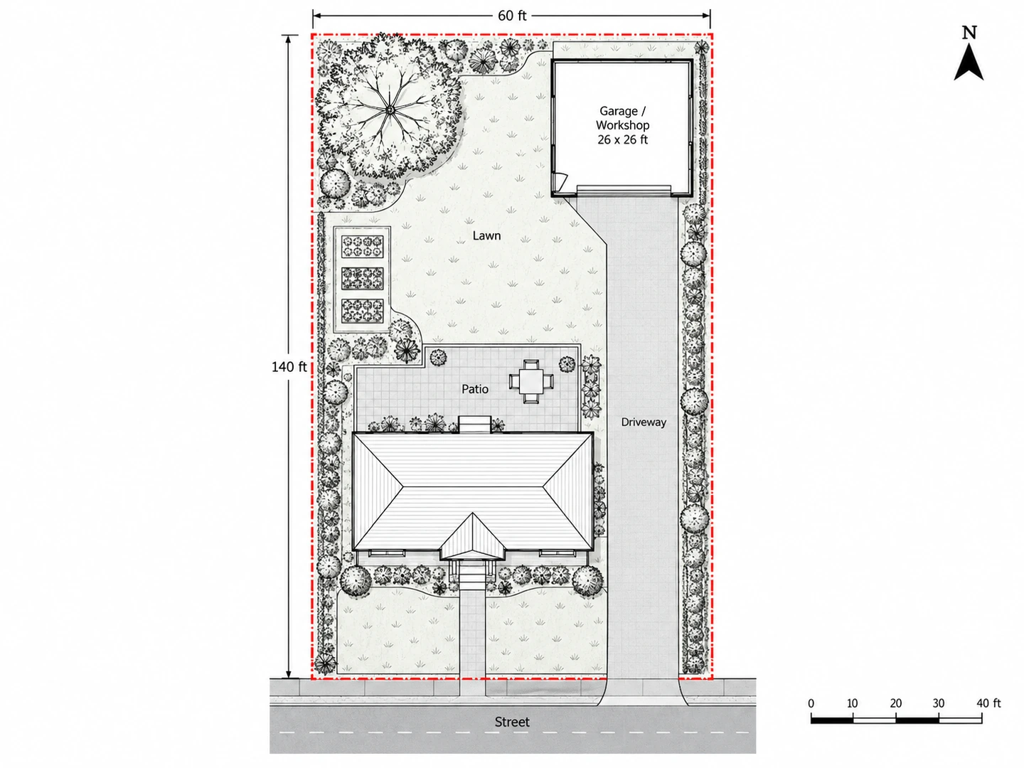 Site plan with a detached garage and workshop at the end of a long side driveway