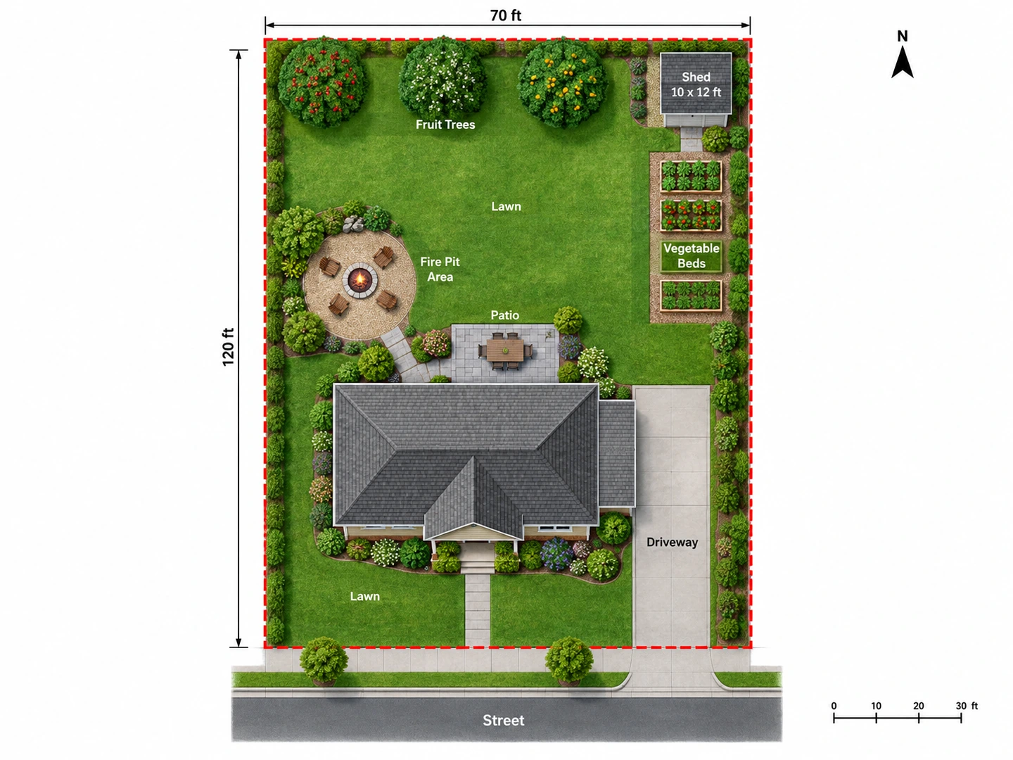 Backyard site plan with patio, fire pit, lawn, vegetable beds, shed and fruit trees