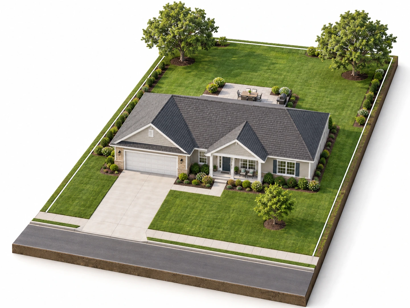 3D isometric site plan of a suburban lot with house, garage, driveway and trees