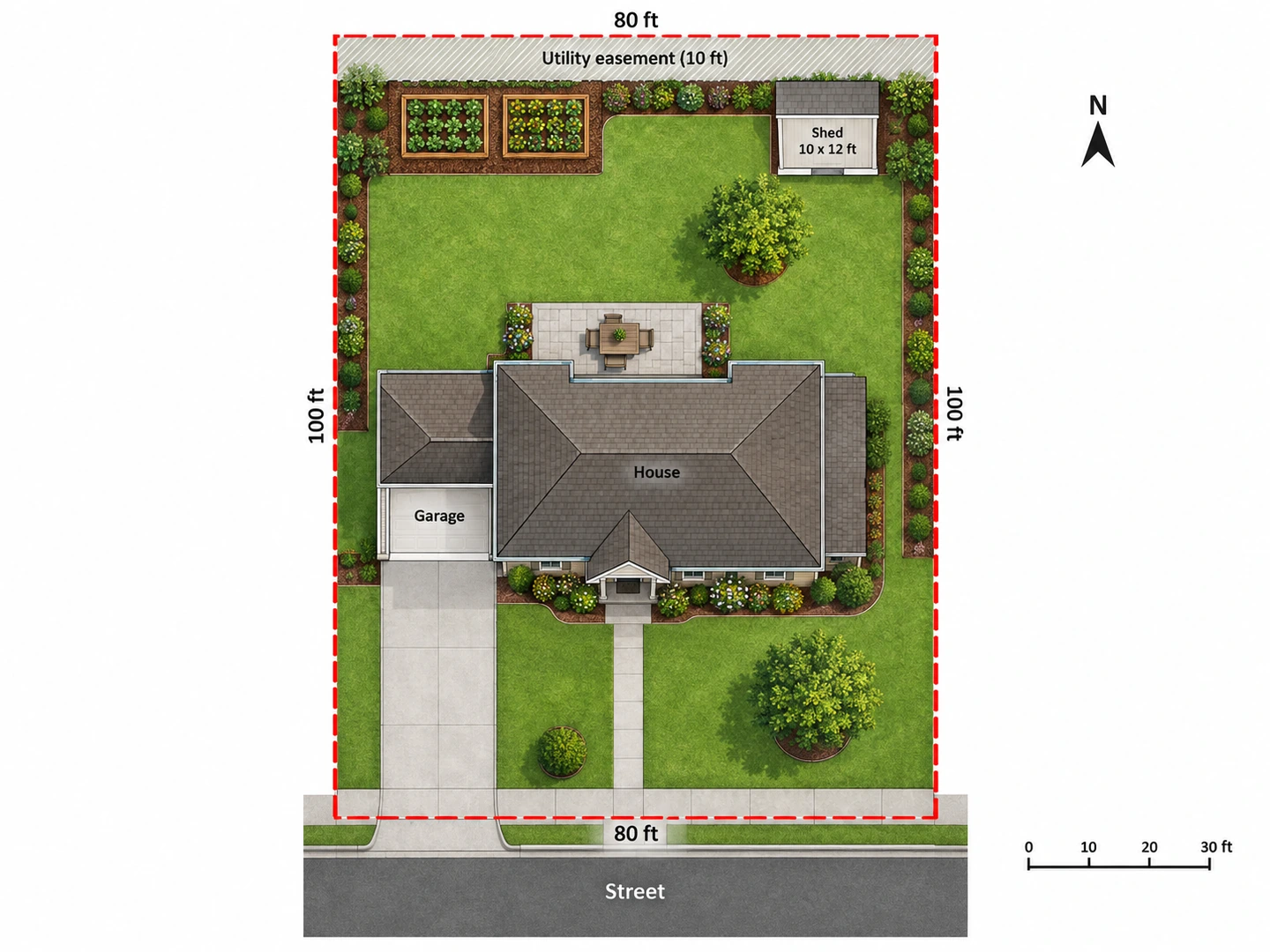 Residential site plan drawing with house, garage, driveway, shed, garden and a utility easement