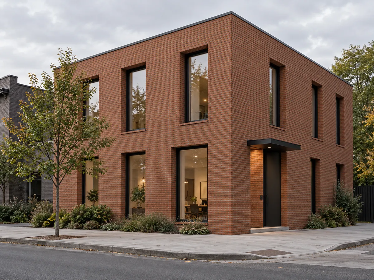 Illustrative AI concept: small contemporary brick building with deep window reveals