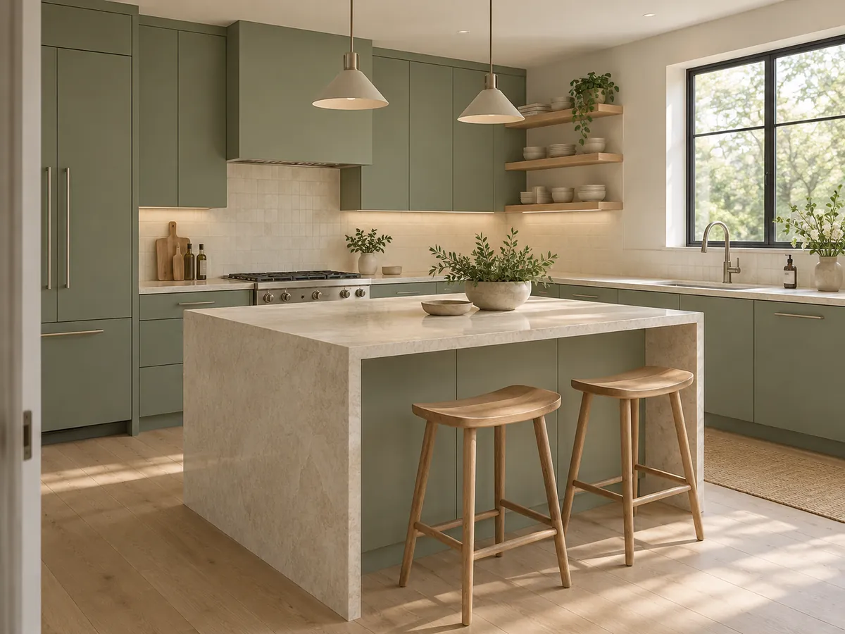 Illustrative AI concept: sage kitchen cabinetry around a pale stone island