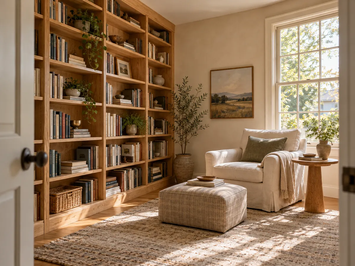 Illustrative AI concept: bright reading room with oak shelving and a linen seat