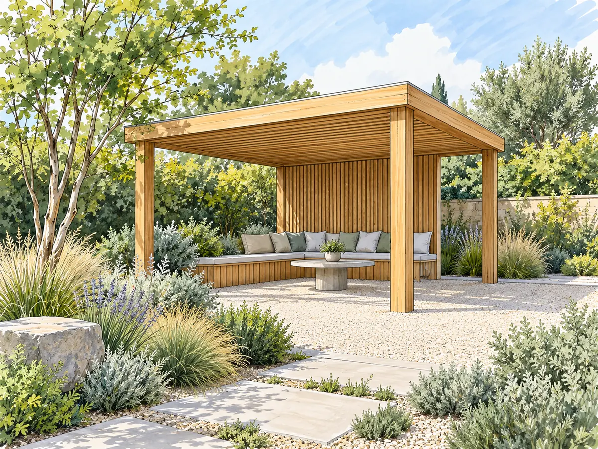 Illustrative AI concept: timber garden pavilion presented as an architectural marker rendering