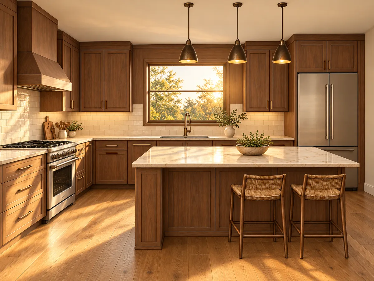 Kitchen linework gains walnut cabinetry, marble and warm evening sunlight. The sketch supplies the arrangement; the render explores the material contrast and the mood of the light. — After