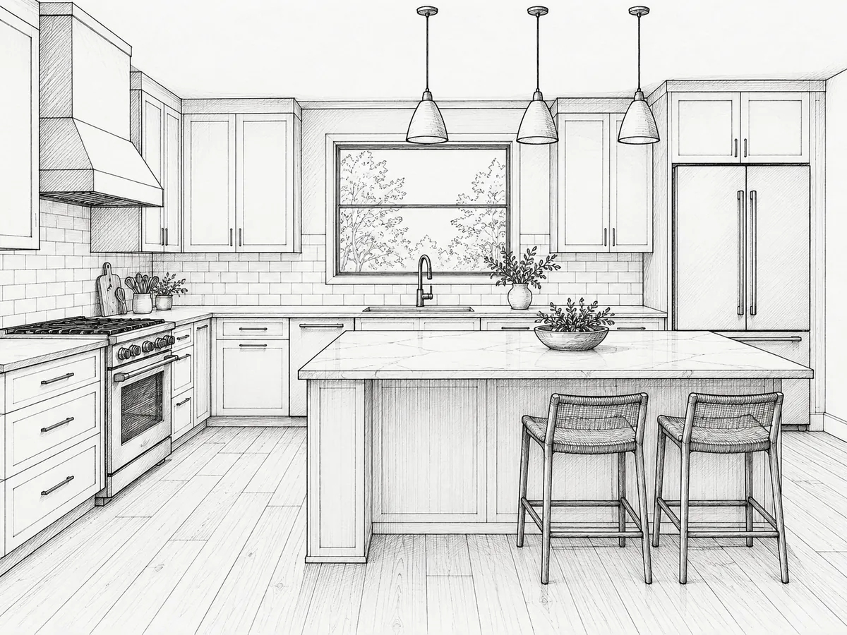 Kitchen linework gains walnut cabinetry, marble and warm evening sunlight. The sketch supplies the arrangement; the render explores the material contrast and the mood of the light. — Before