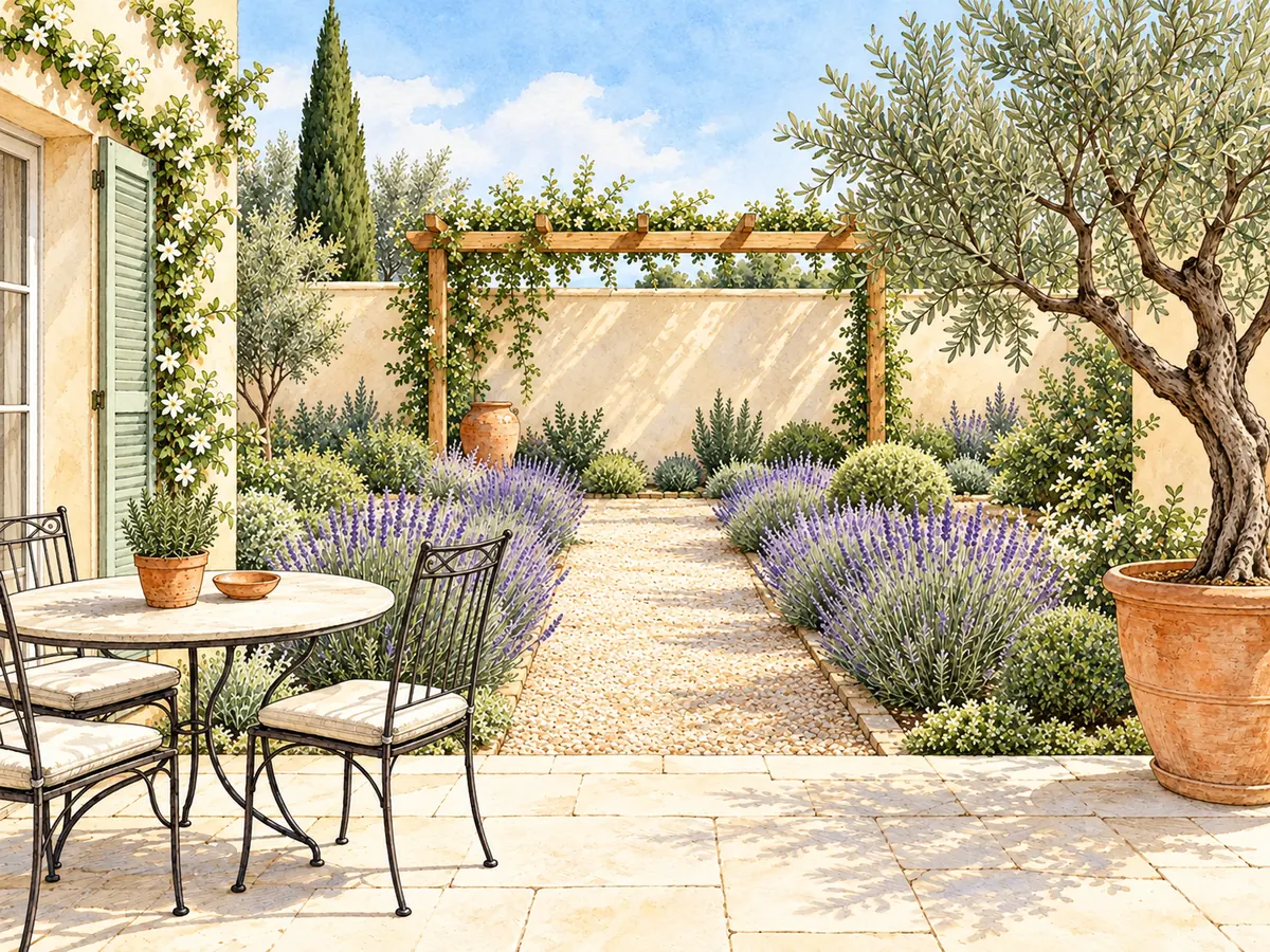 An ink courtyard drawing becomes a soft watercolor with olive foliage, lavender and terracotta. Translucent washes communicate the planting palette without suggesting a finished construction specification. — After