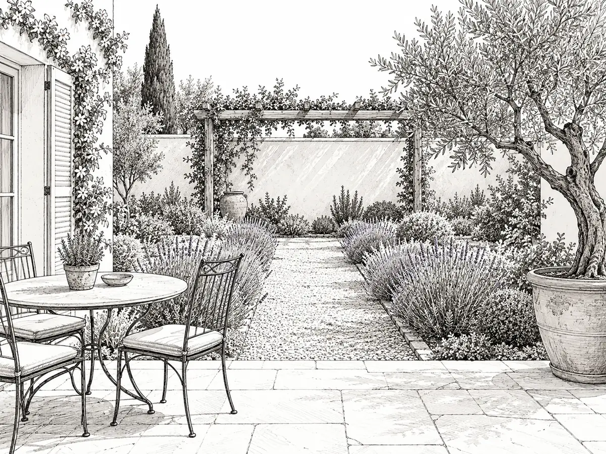 An ink courtyard drawing becomes a soft watercolor with olive foliage, lavender and terracotta. Translucent washes communicate the planting palette without suggesting a finished construction specification. — Before