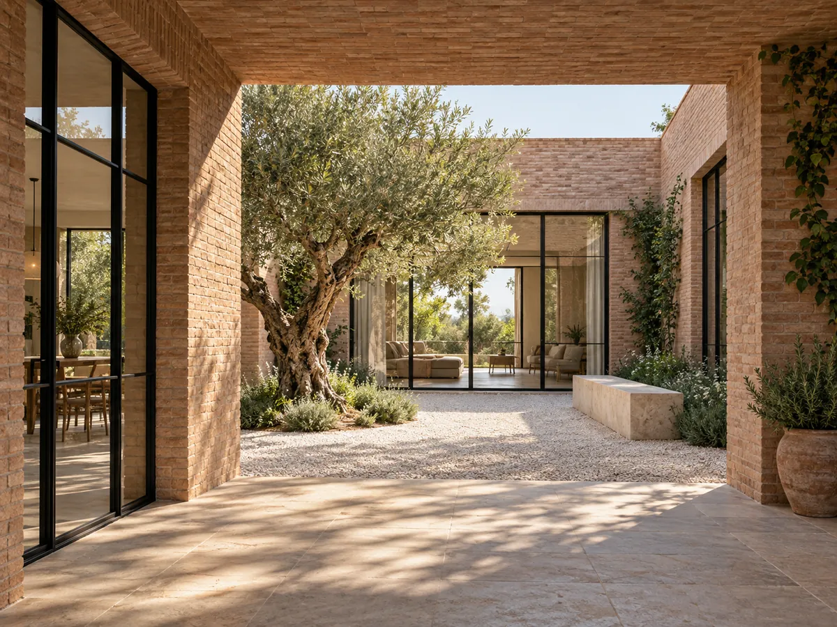 Illustrative AI concept: contemporary courtyard house with brick, stone and natural daylight