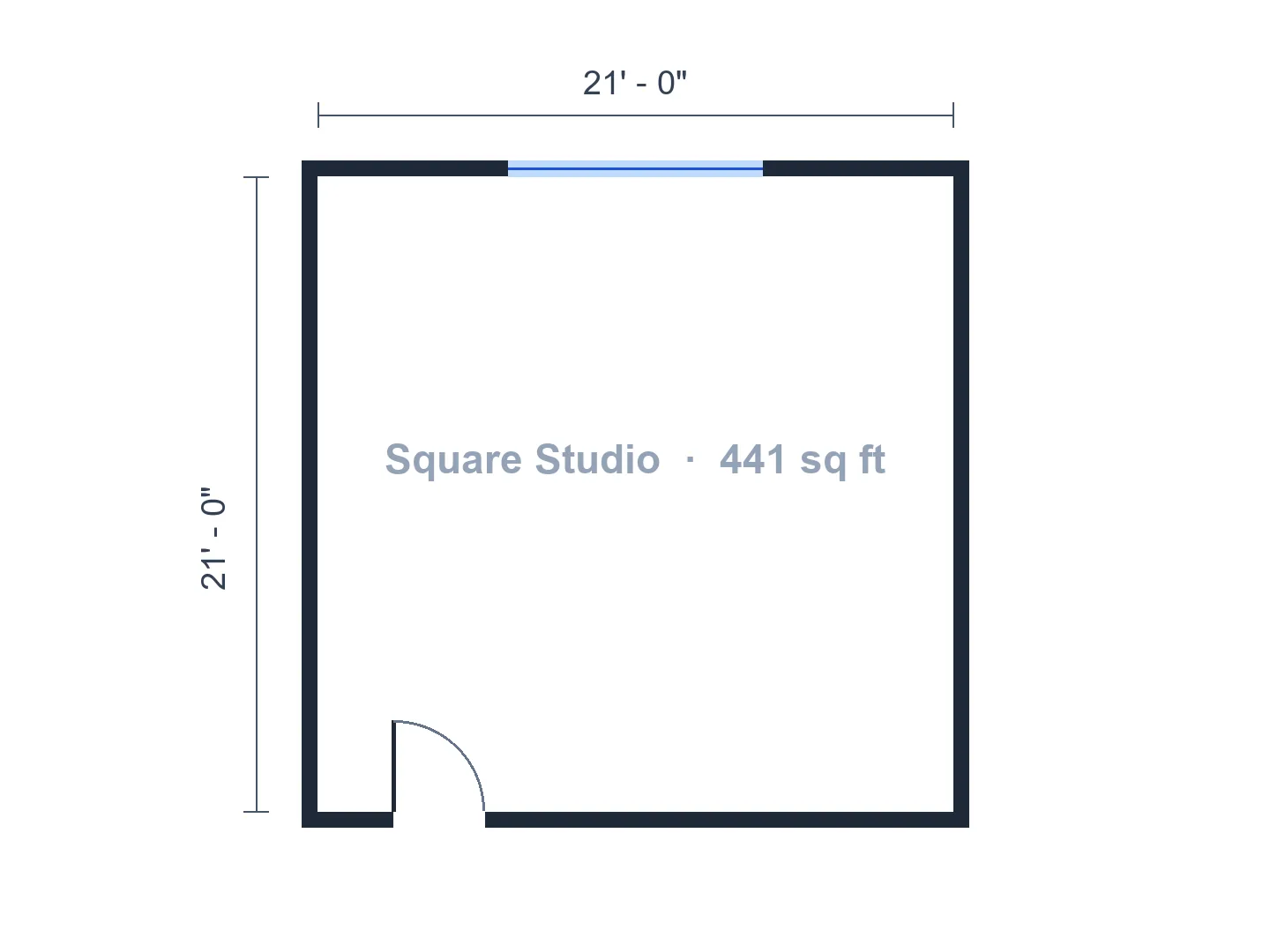 21×21 ft square studio with a curtained bed corner — Before