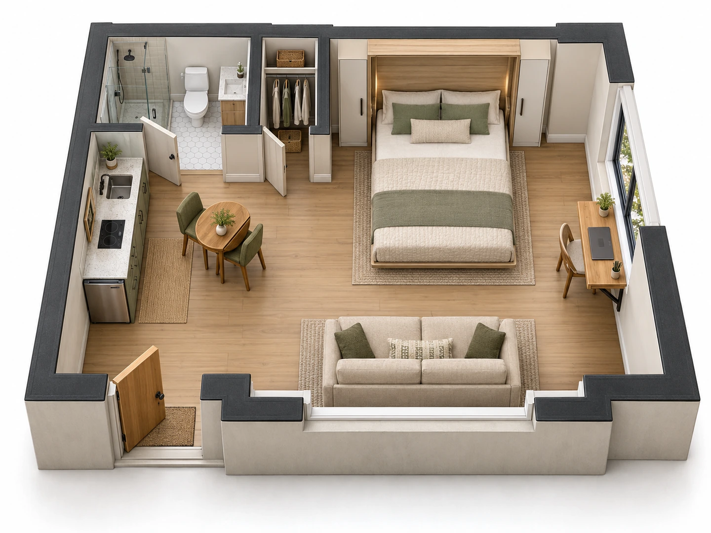 Studio flat bed idea: a queen Murphy bed folding out from the wall in a 300 sq ft studio