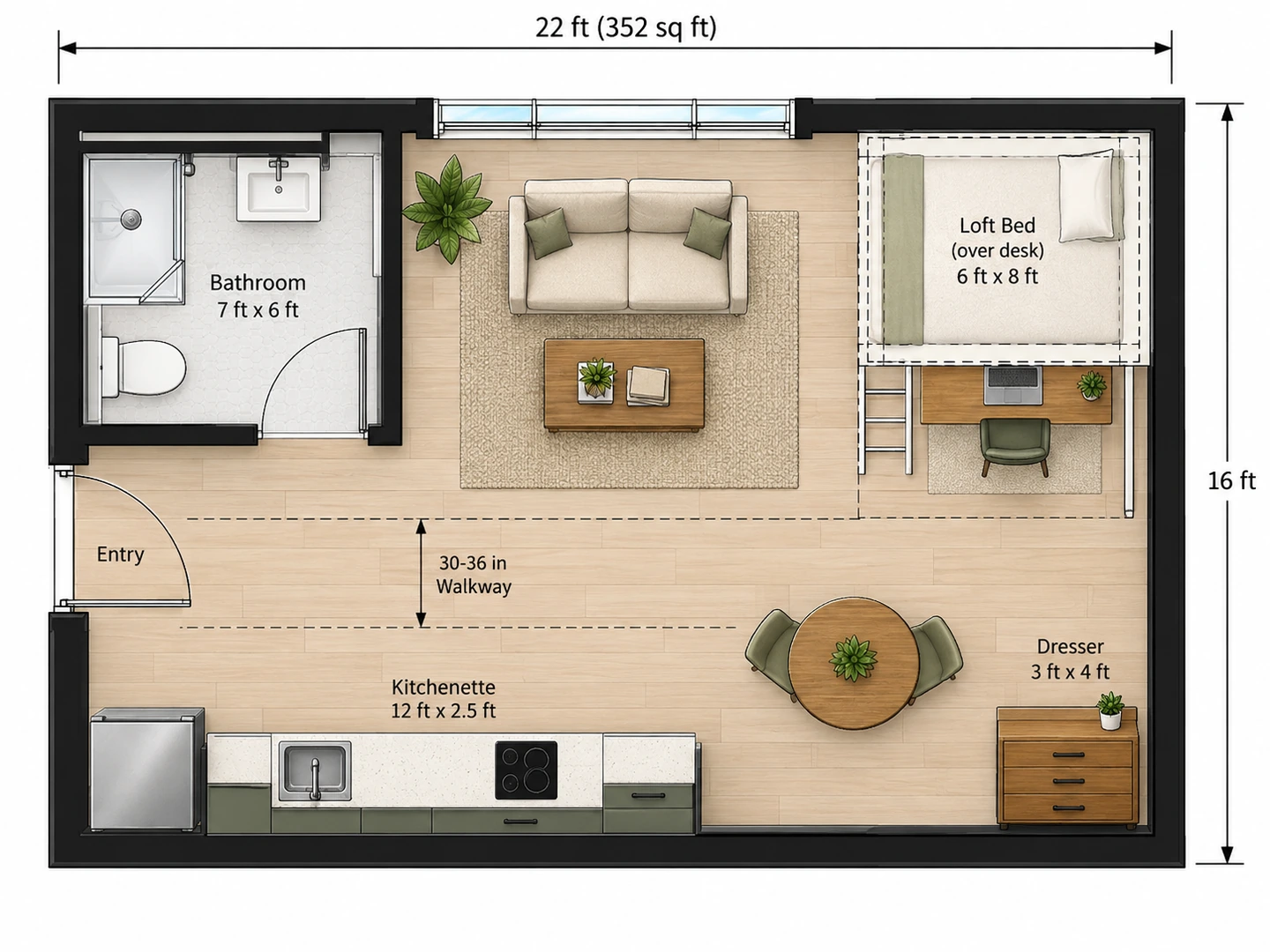 Small studio apartment furniture layout with a loft bed over a desk