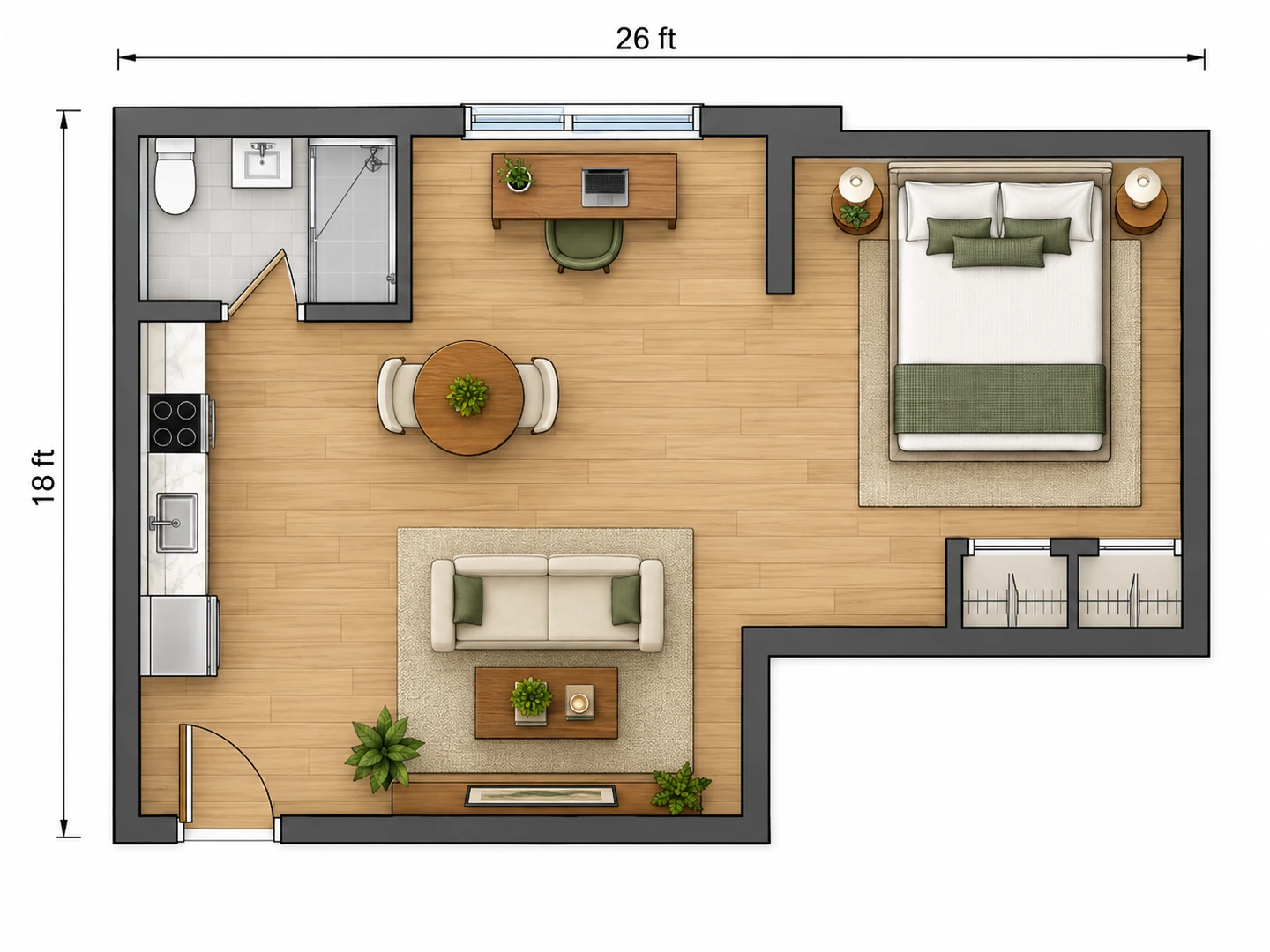 Alcove studio apartment layout with the bed tucked into an L-shaped nook