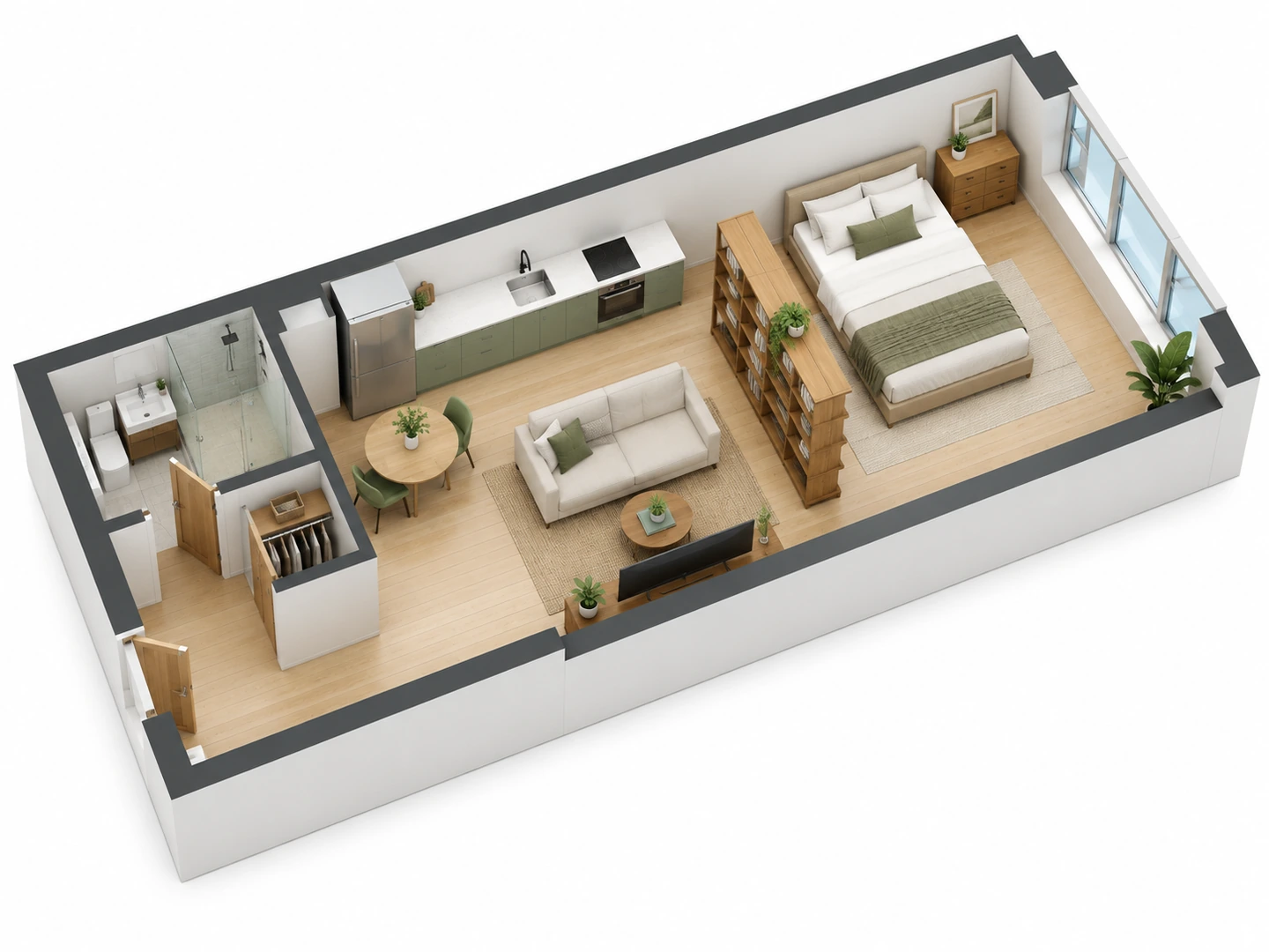 3D isometric view of a furnished rectangular studio apartment