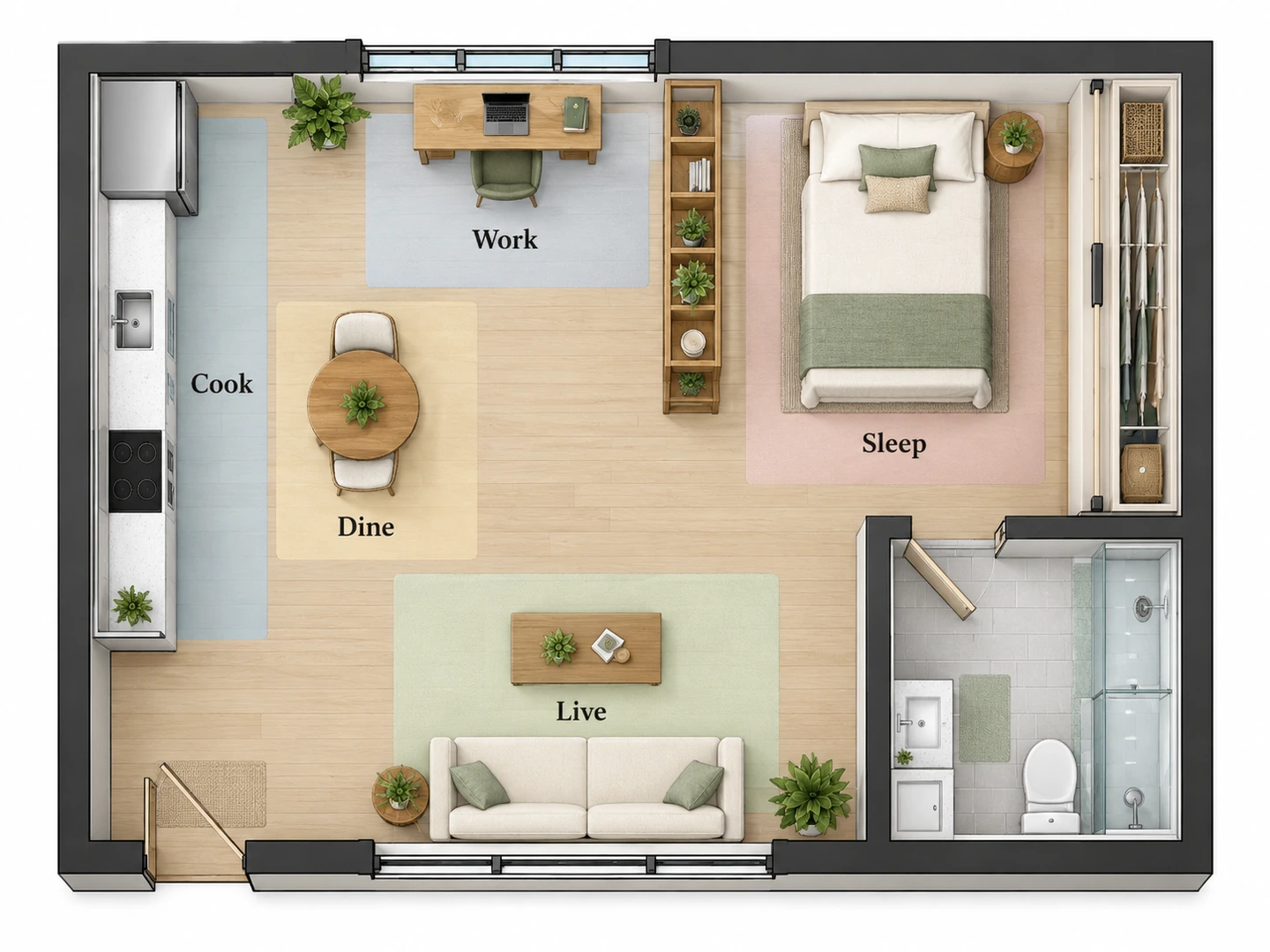 Studio apartment layout with sleep, living, kitchen, dining and work zones in 480 sq ft
