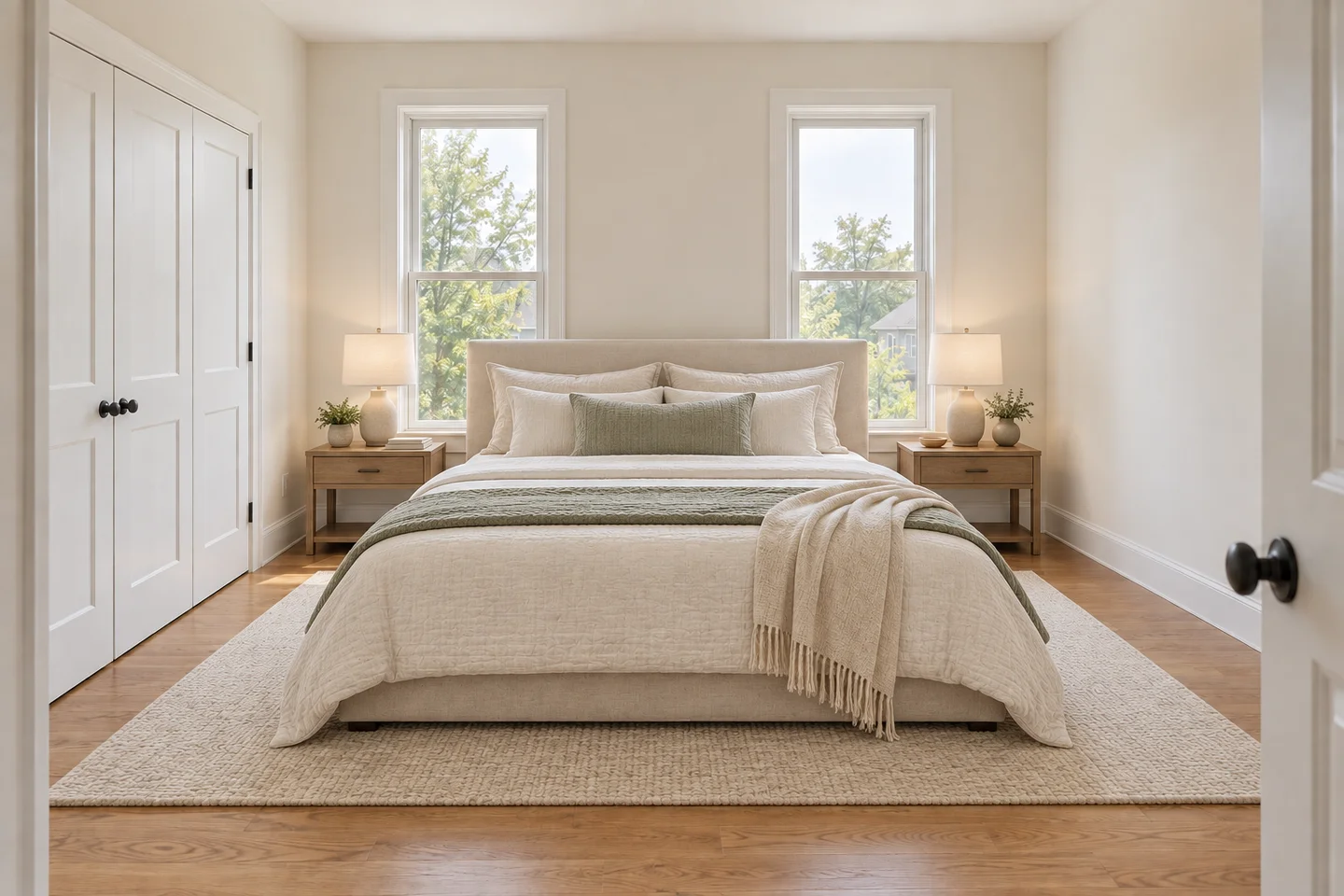 A virtually furnished bedroom with warm layered textiles