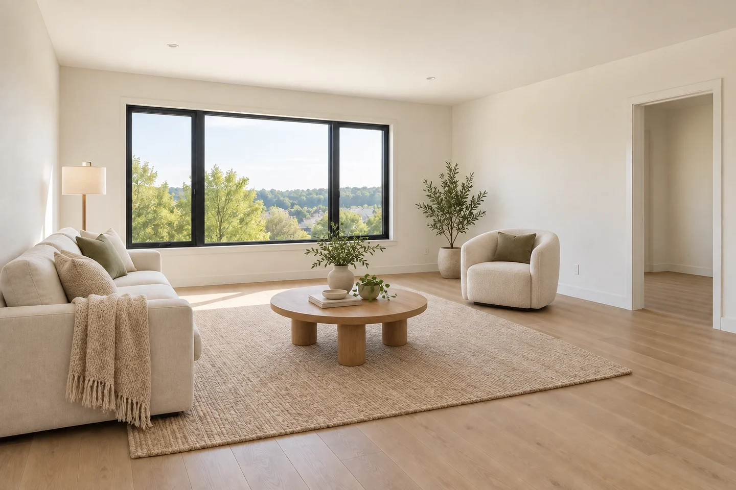 Virtually staged living room with a neutral sofa and rug
