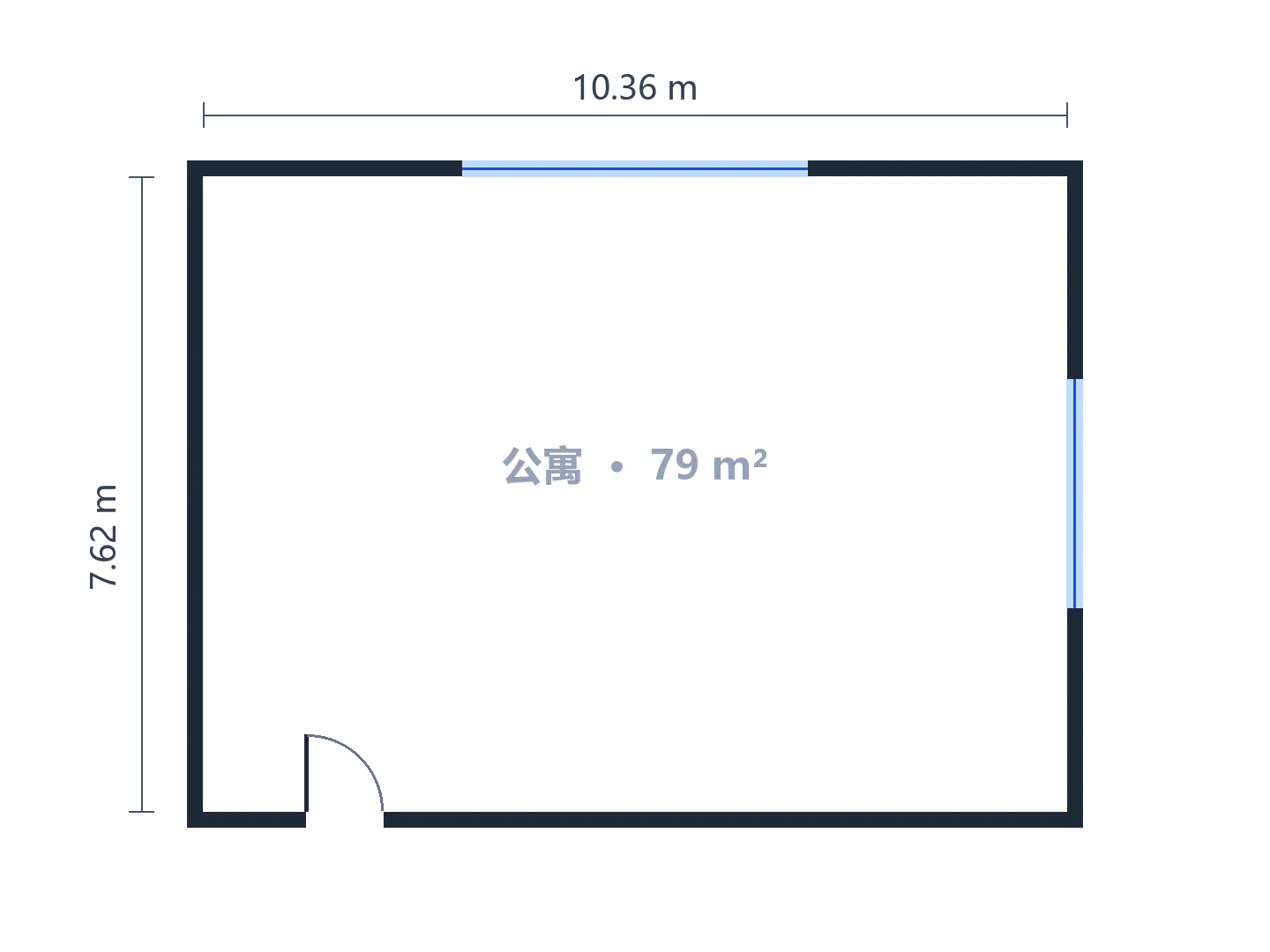 约 79 m² 的两室一厅，从空户型轮廓画成 2D 彩色户型图 — 生成前