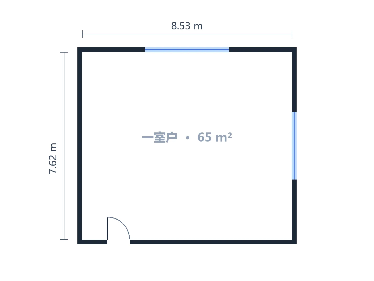 65 m² 一室一厅：在空房间轮廓里排布局和家具，入户门和窗户位置不变 — 生成前