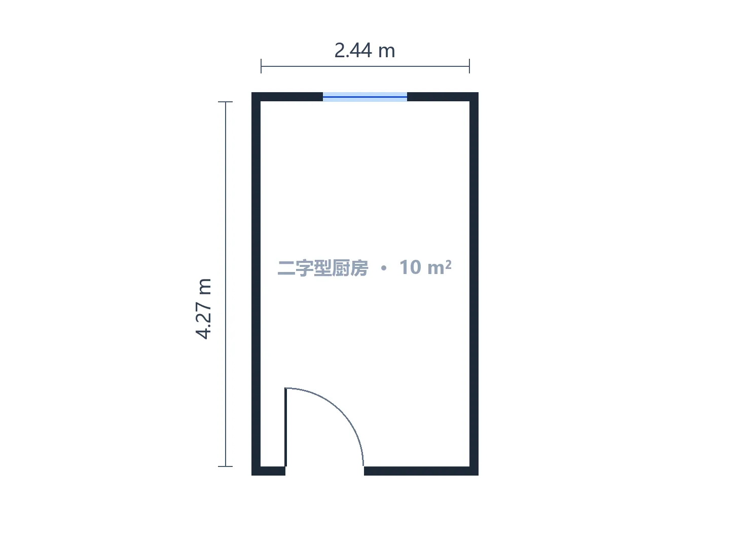 2.4 × 4.3 m 的二字型厨房，两排橱柜之间留 1.2 m 通道 — 生成前