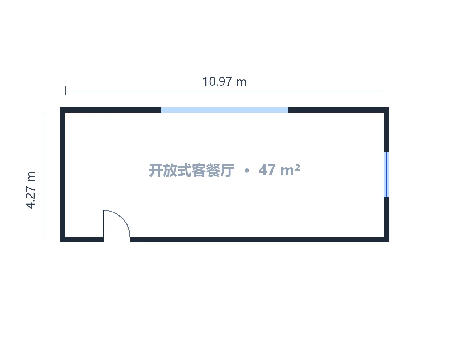 11 × 4.3 m 的狭长客餐厅，通道沿一侧墙走，不从各区中间穿过 — 生成前