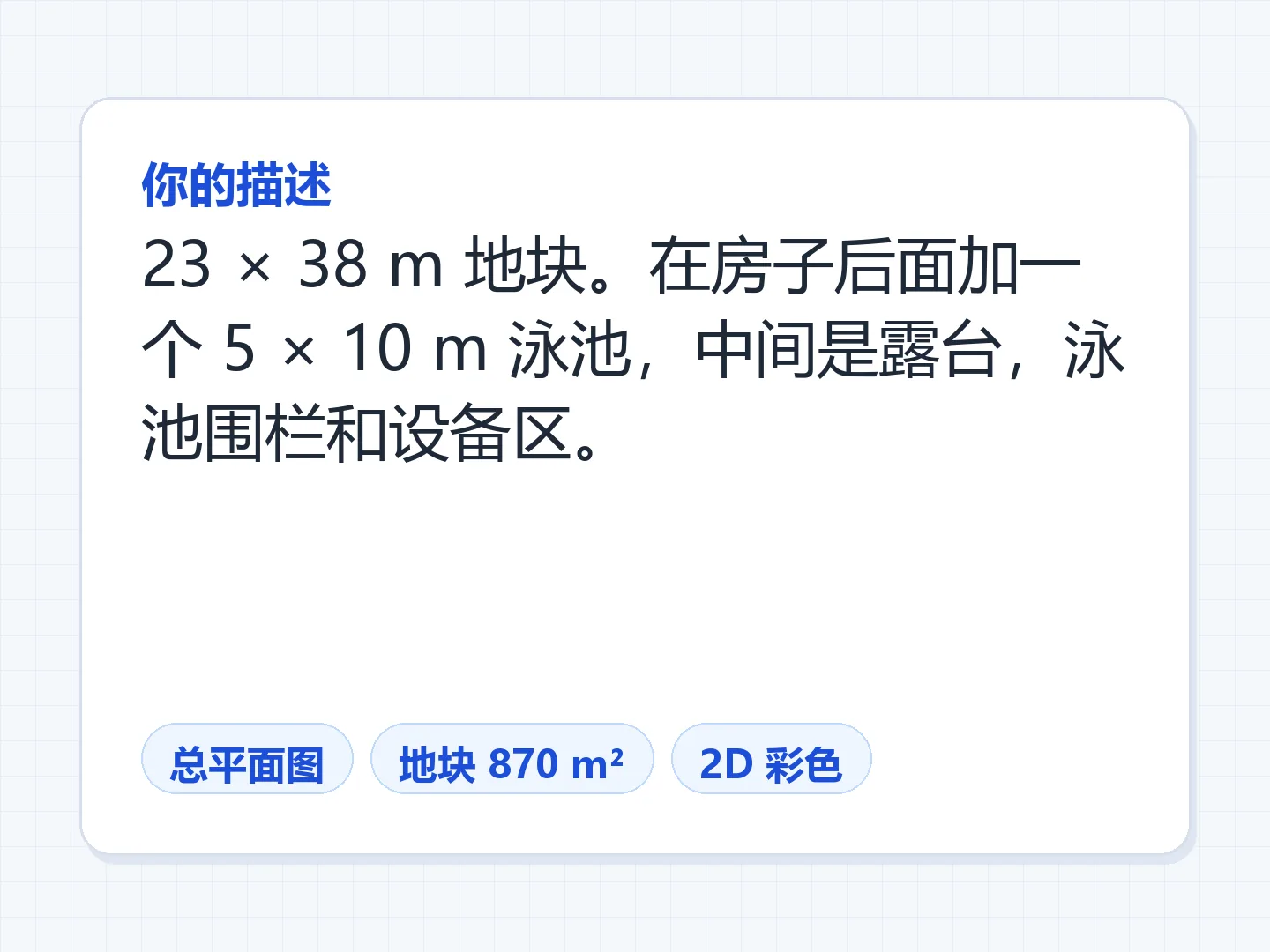 约 23 × 38 m 地块上的泳池后院，带露台和围栏 — 生成前